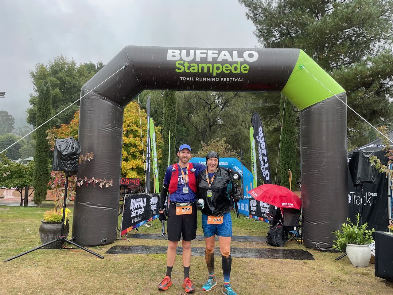 Ross and Rob at the finish line of The Buffalo Stampede Skymarathon, 2022