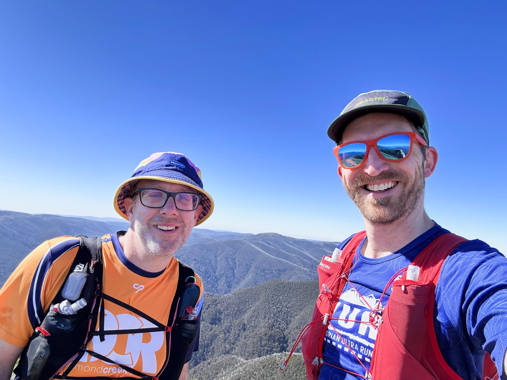 Grins all round with Darren on the top of Mount Feathertop in Victoria’s High Country, 12km into the GSER 56k 2023